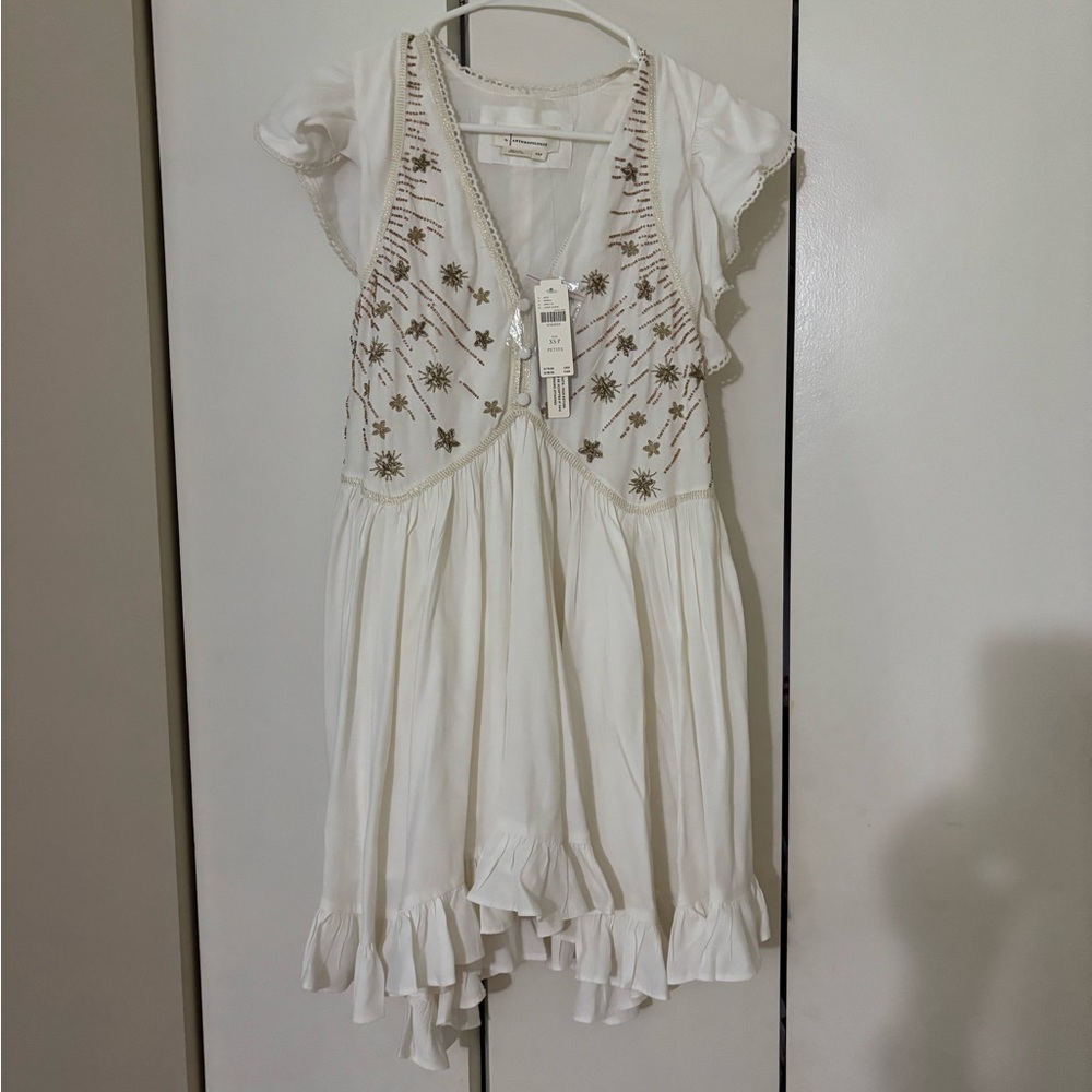 NWT Anthropologie White Dress with Gold Star Embellishments